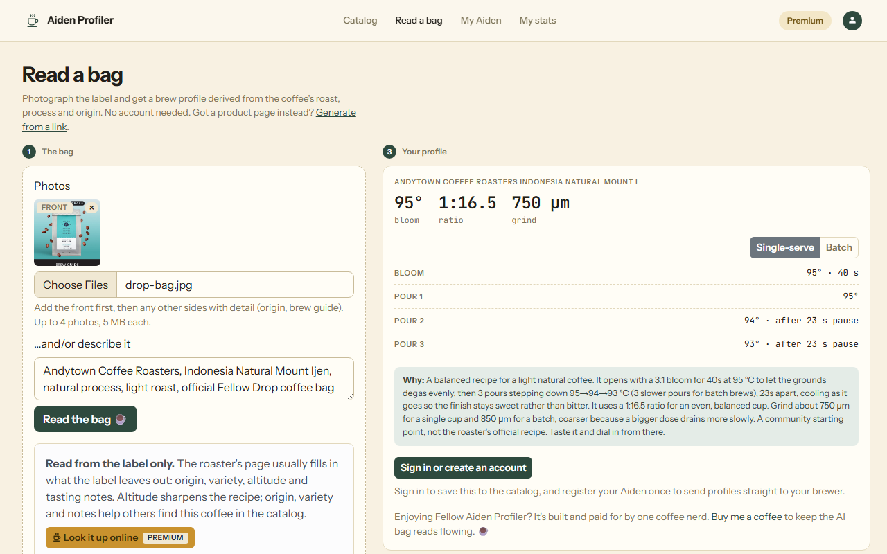Reading a coffee bag in the Profiler web app